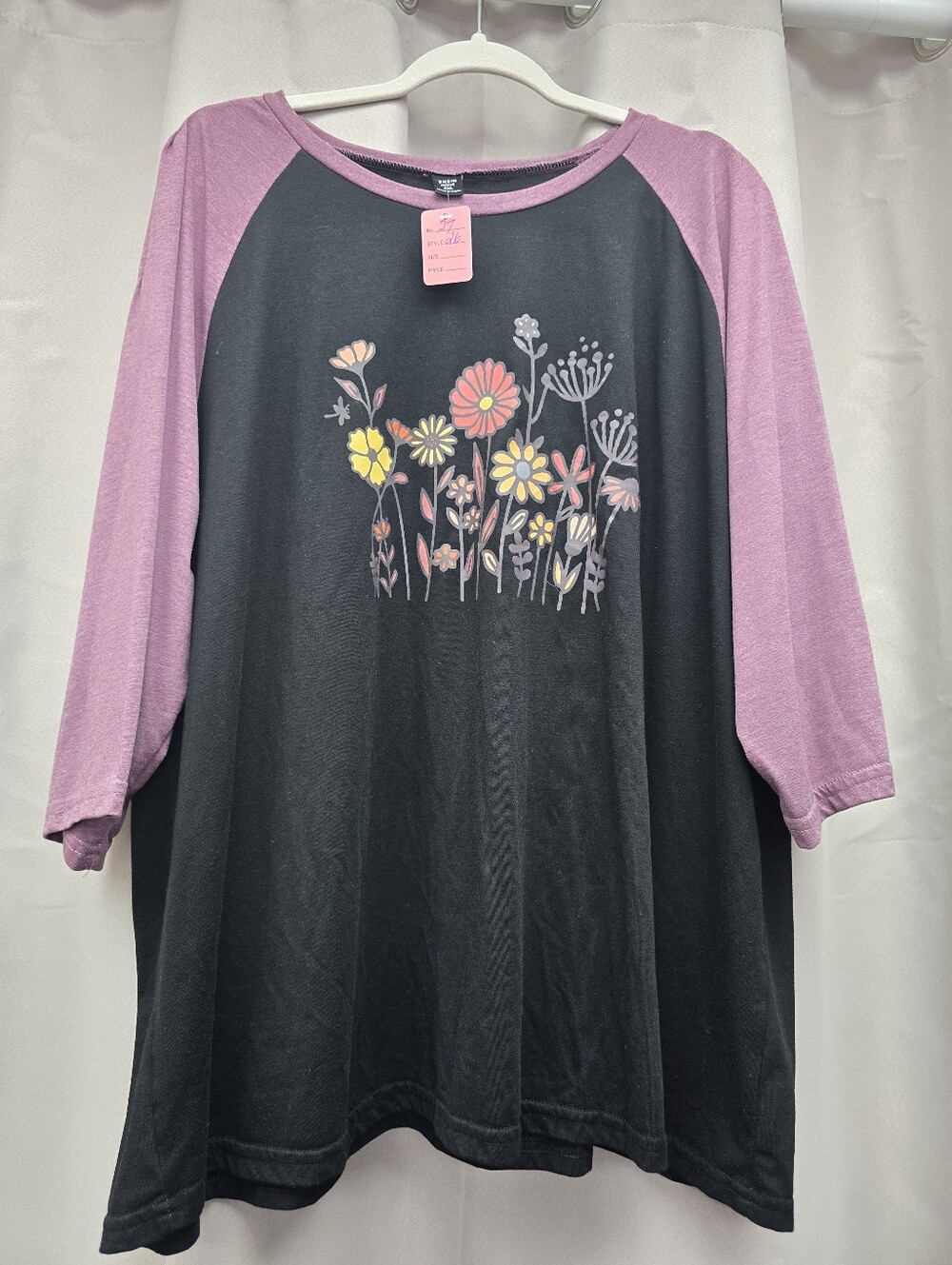 Floral Raglan Sleeve Top - Pink & Black Size 4x Baseball Tee
